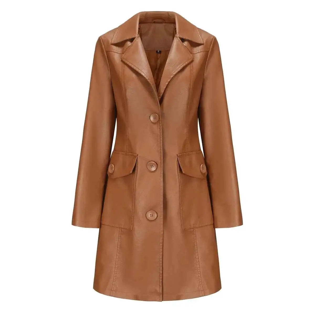 Black Women PU Leather Long Jacket Windbreaker For Spring And Autumn Lapel Single Breasted Long Sleeve