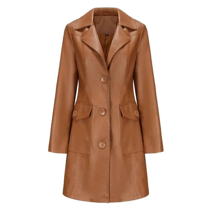 Black Women PU Leather Long Jacket Windbreaker For Spring And Autumn Lapel Single Breasted Long Sleeve