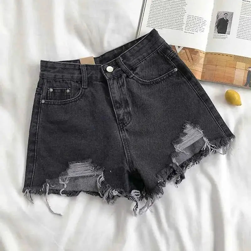 Lucyever Summer Denim Shorts Women Korean Fashion Ripped High Waist Wide Leg Casual Streetwear Jeans