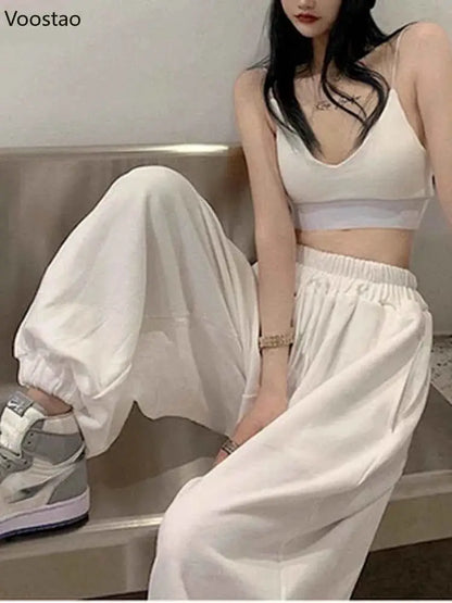 Women White Jogging Sweatpants Harajuku Style Wide Leg Casual Sports Pants Korean Fashion Ankle Length