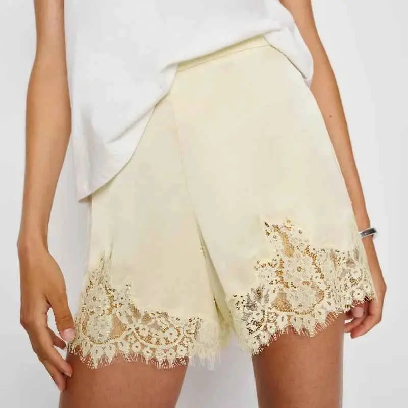 Women Y2K Silk Lace Trim Shorts Pajama Micro Mini Slip Boxer Lounge Low Rise Bottoms Streetwear