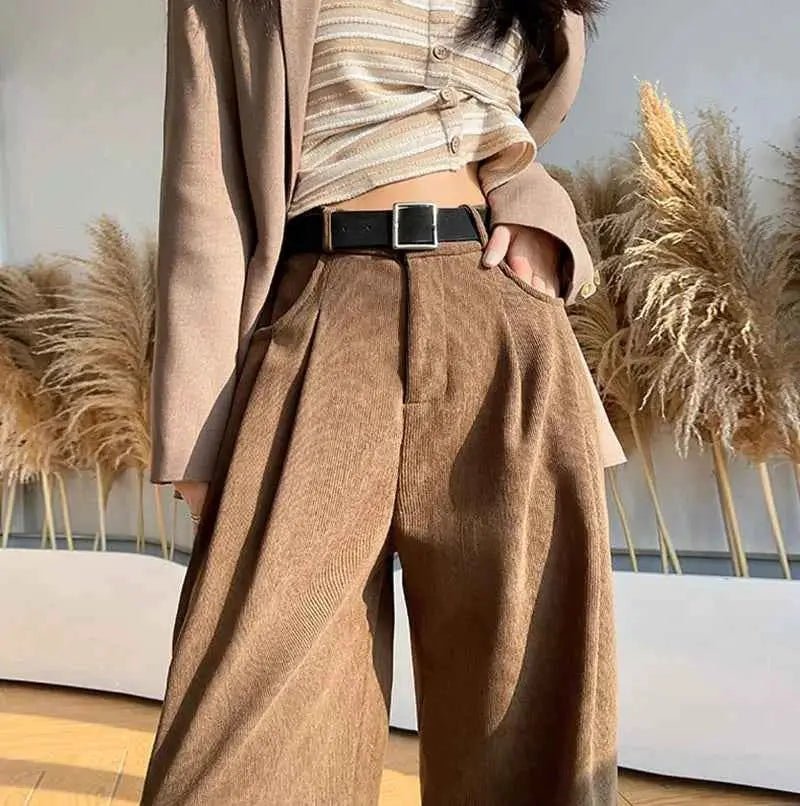 Corduroy High Waist Wide Leg Pants for Women Autumn Winter Casual Trousers Straight Leg New