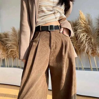 Corduroy High Waist Wide Leg Pants for Women Autumn Winter Casual Trousers Straight Leg New