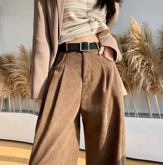 Corduroy High Waist Wide Leg Pants for Women Autumn Winter Casual Trousers Straight Leg New