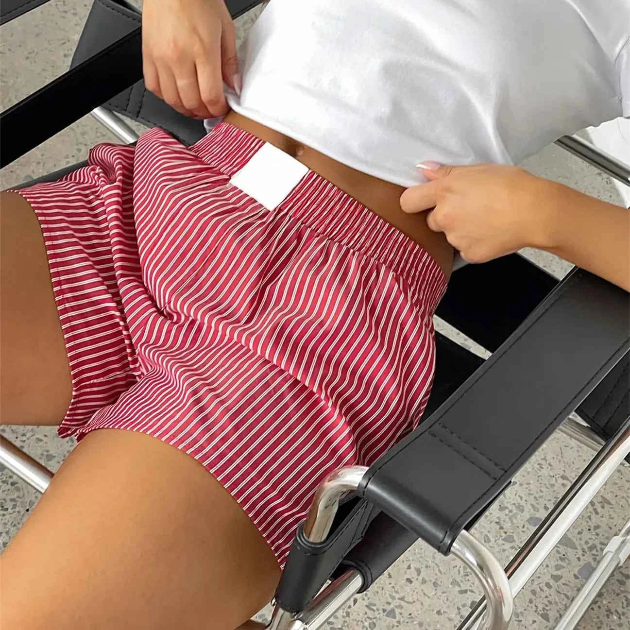 Womens Y2K Elastic Waisted Striped Shorts Pyjamas Bottoms Loungewear Summer Beach Wide Leg Boxers Boyshorts