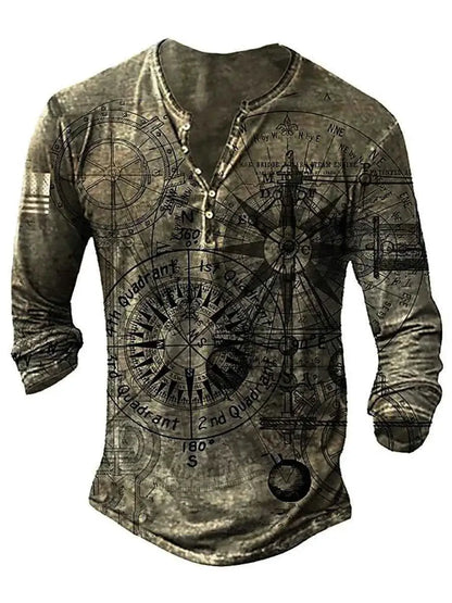 Vintage Men's Compass Graphic Long Sleeve Tee Oversized Streetwear 3D Print For Men