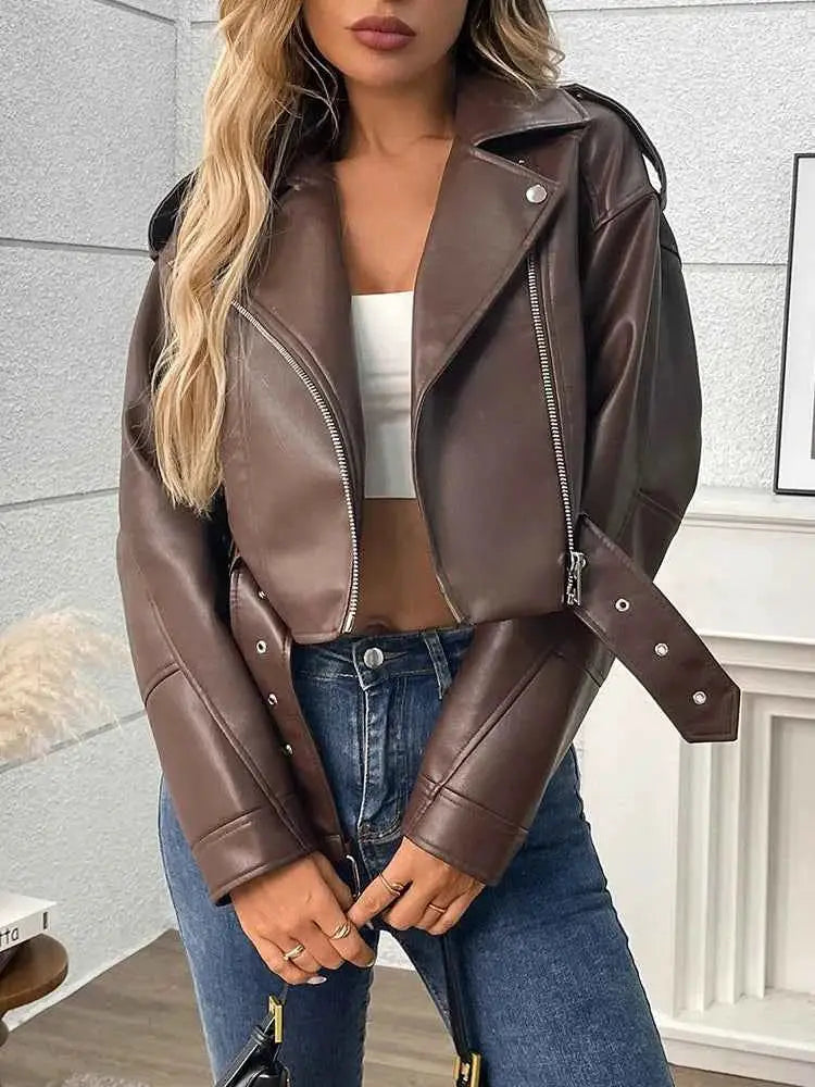 Women Faux PU Leather Short Jacket Belted Motorcycle Style Zipper Lapel Spring Autumn Outwear