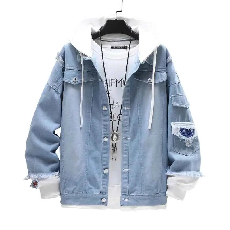 Men Denim Jacket Streetwear Hip Hop Hooded Jean Jacket Casual Loose Outerwear 2023 Spring Fashion Slim Fit