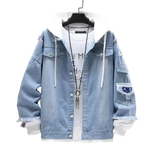 Men Denim Jacket Streetwear Hip Hop Hooded Jean Jacket Casual Loose Outerwear 2023 Spring Fashion Slim Fit