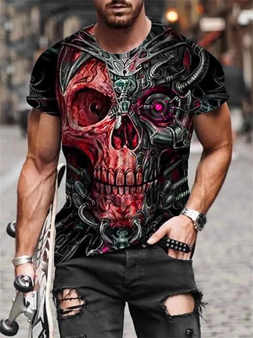 Mens T Shirt For Men Skull Graphic Horror Print Tops Short Sleeve Fashion Casual Oversized Tee Street Clothing