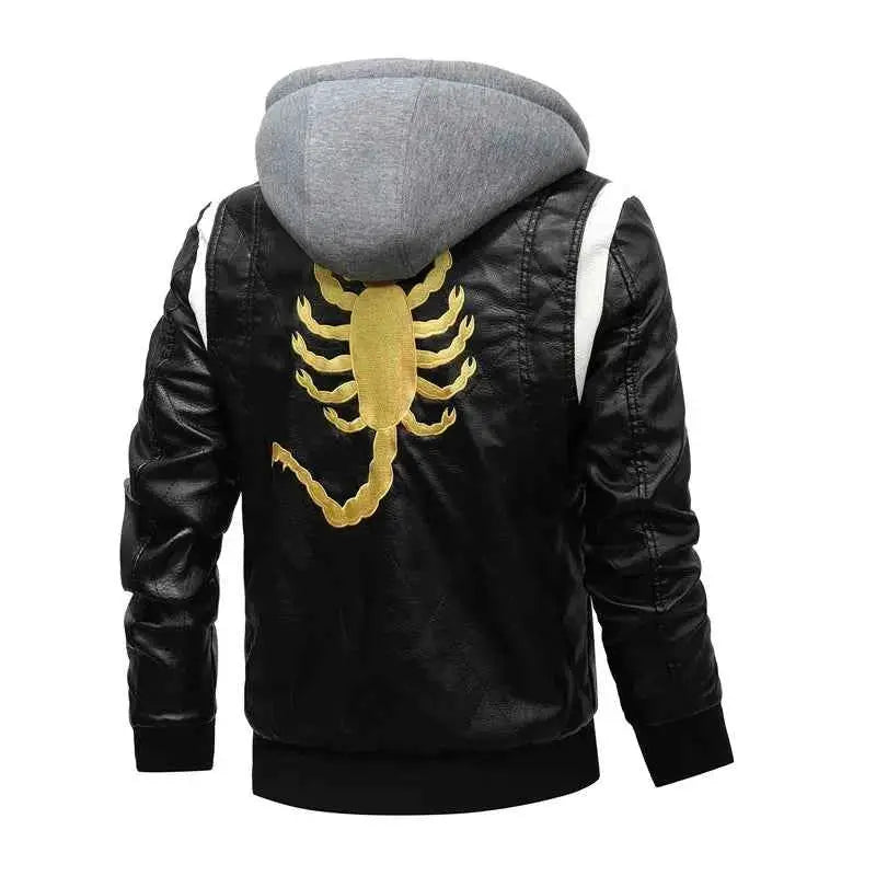 Autumn Winter Bomber Leather Jacket Men Hooded PU Leather Motorcycle Scorpion Embroidery Drive Inspired by Ryan Gosling