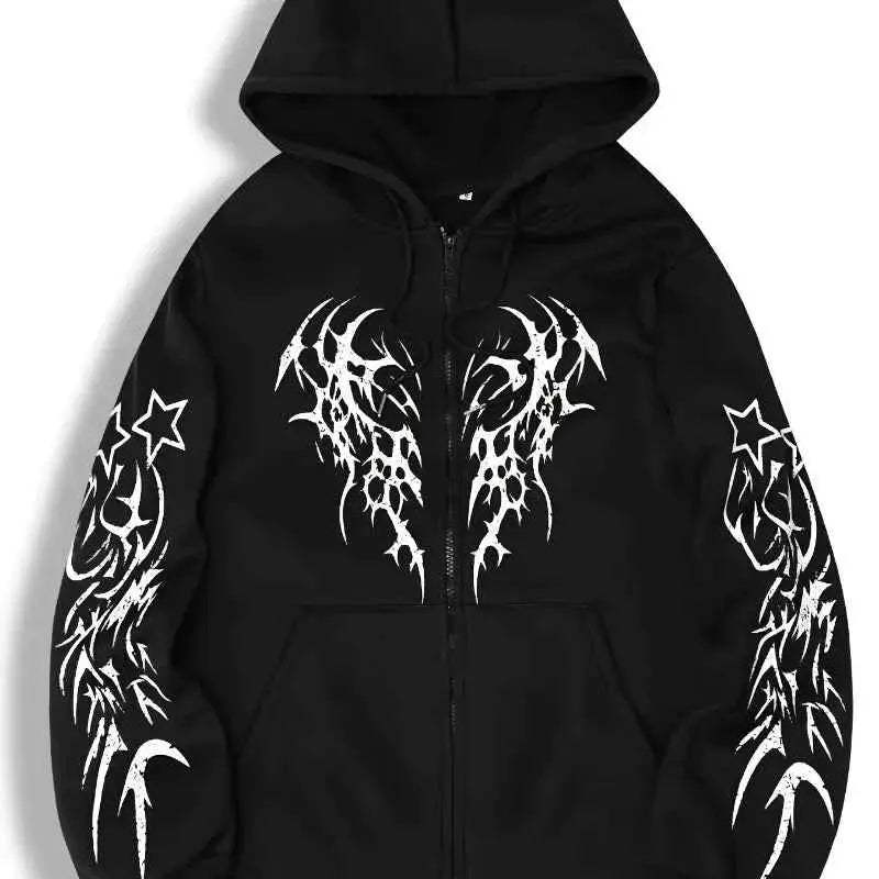 New Hooded Zip Up Hoodie Unisex Winter 100 Percent Cotton Gothic Print Vintage Fleece Sweatshirt Y2K Oversized