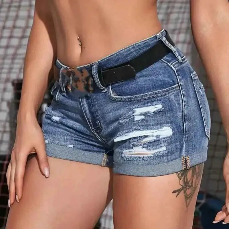 Women's Split Denim Shorts Mid Waist Elastic Perforated Curled Cuff Slim Fit Casual Beachwear
