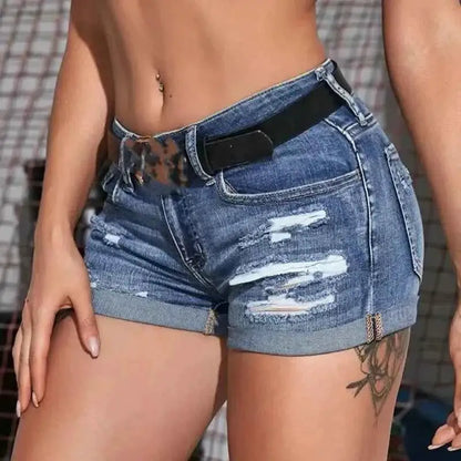 Women's Split Denim Shorts Mid Waist Elastic Perforated Curled Cuff Slim Fit Casual Beachwear