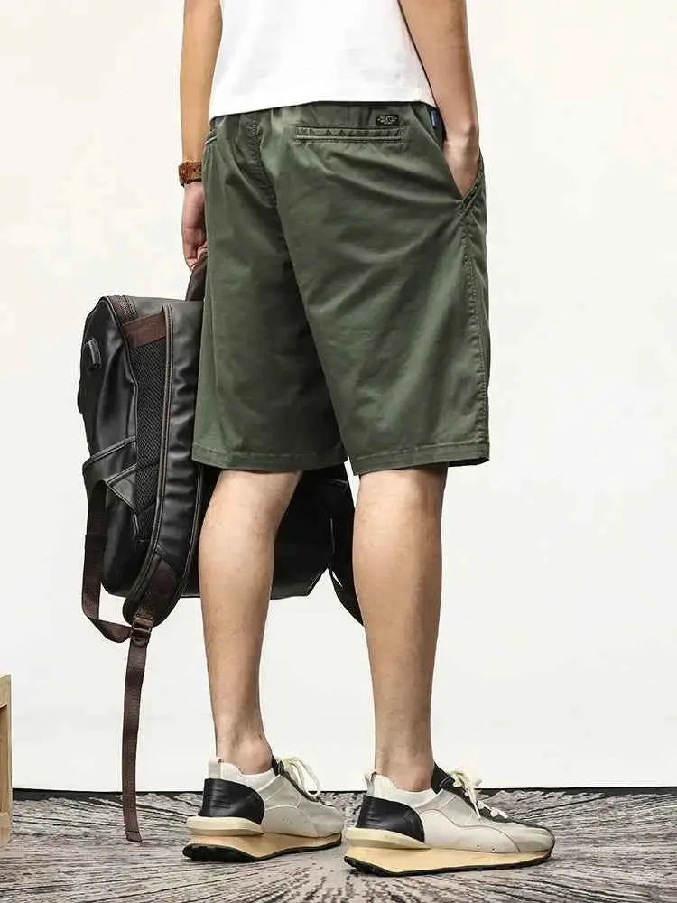 Summer Casual Men Elastic Waist Stretch Cotton Drawstring Cargo Shorts Bermuda Relaxed Workwear