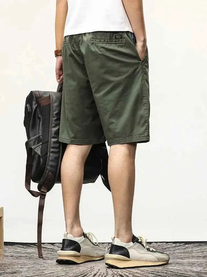 Summer Casual Men Elastic Waist Stretch Cotton Drawstring Cargo Shorts Bermuda Relaxed Workwear