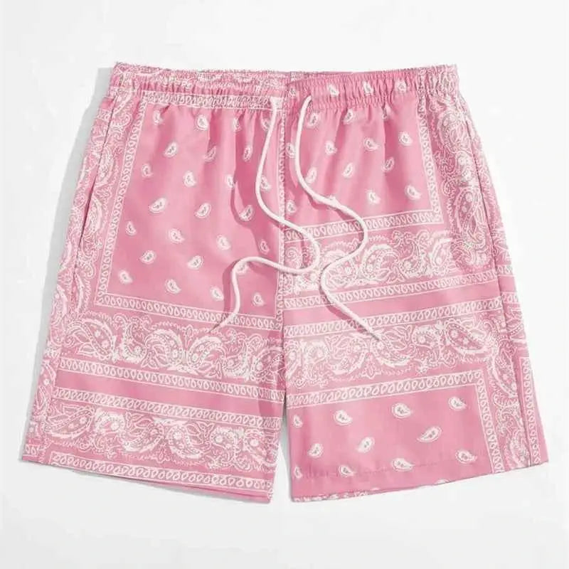 Mens Classic Perris Pattern Beach Shorts With Drawstring Board Shorts For Hawaii Vacation Swim Trunks