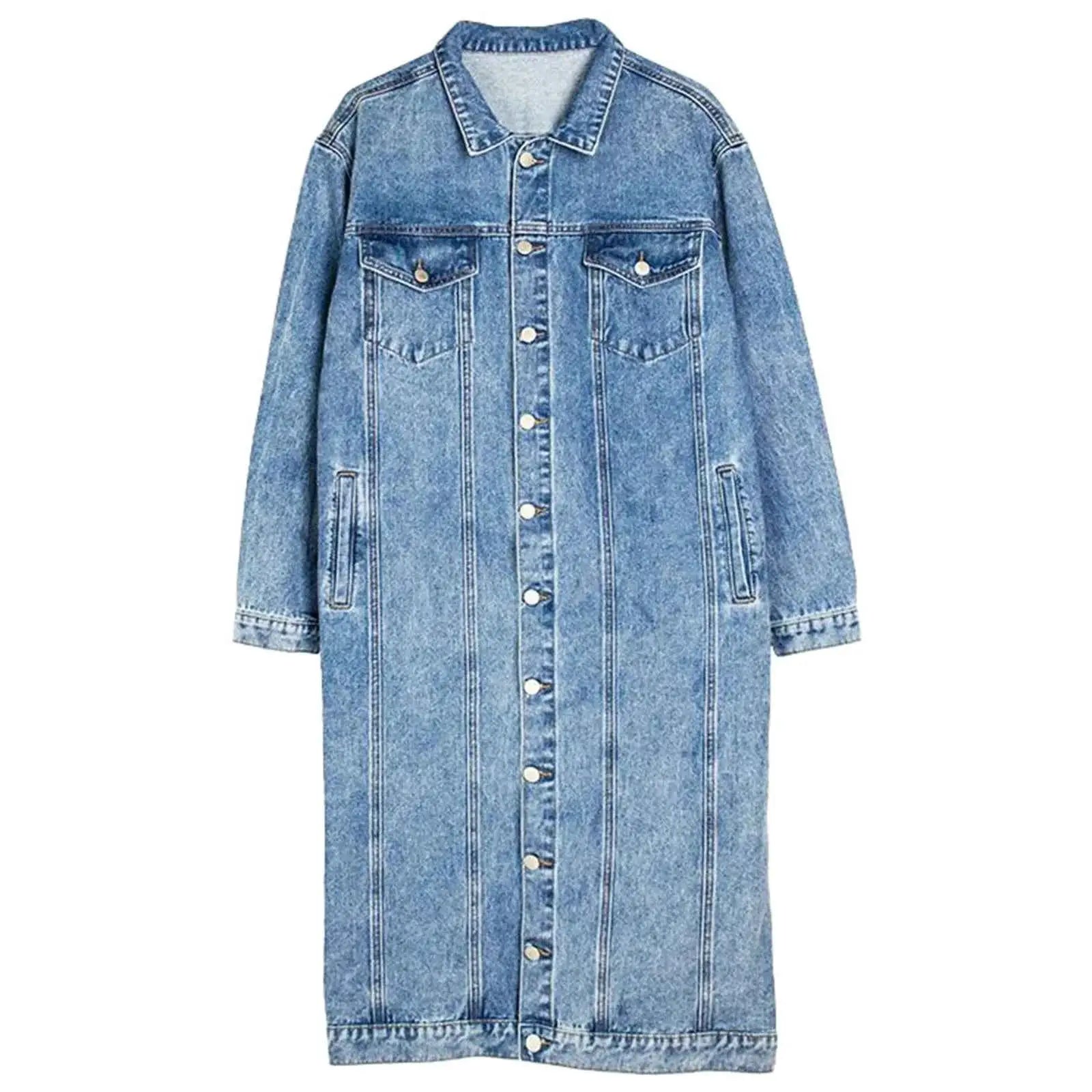 Women's Long Vintage Denim Jacket Slim Fit For Spring And Autumn Casual Streetwear Jeans Coat