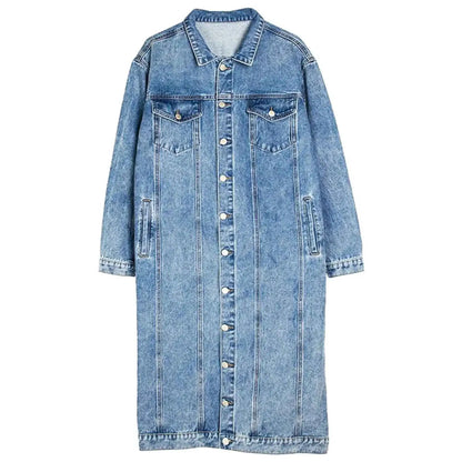 Women's Long Vintage Denim Jacket Slim Fit For Spring And Autumn Casual Streetwear Jeans Coat