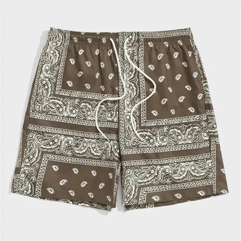 Mens Classic Perris Pattern Beach Shorts With Drawstring Board Shorts For Hawaii Vacation Swim Trunks