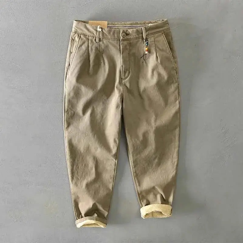 HIQOR Men Cargo Pants Winter 2026 Fleece Warm Khaki Casual Trousers Beading Design Business Pants