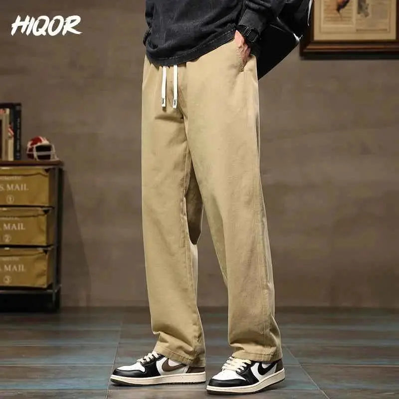 HIQOR Men Casual Cotton Vintage Jogger Pants Loose Straight Wide Leg Cargo Streetwear Trousers