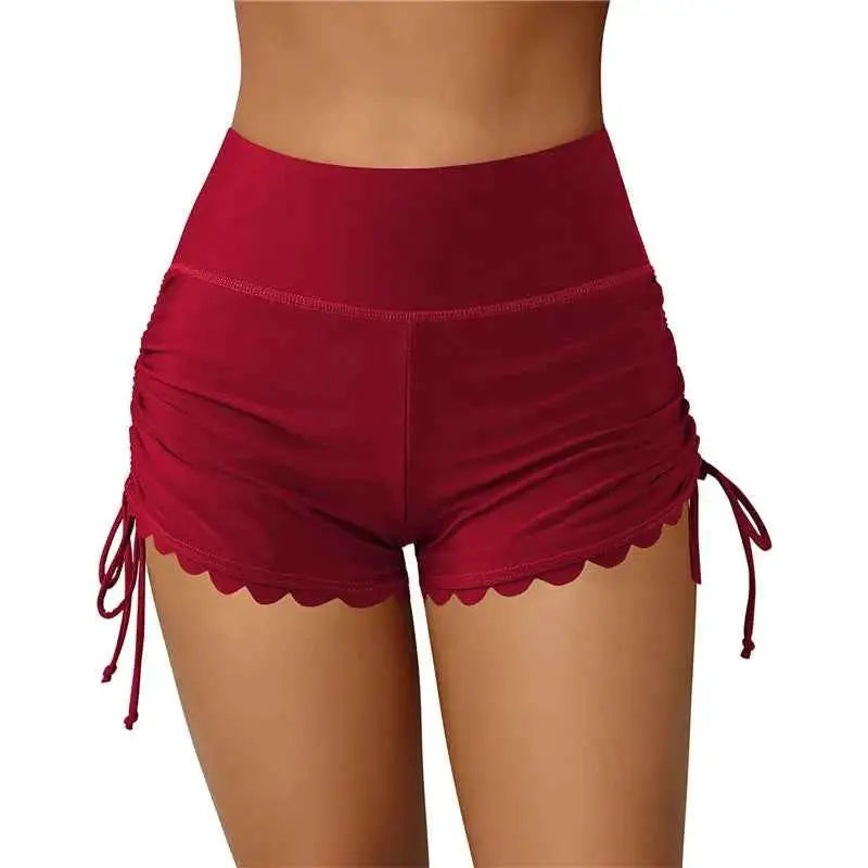 Women Swim Shorts High Waist Drawstring Wavy Hem Solid Beach Trunks For Surfing And Swimming