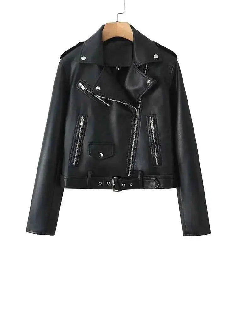 BBWM Faux PU Leather Jacket for Women Short Zipper Lapel Motorcycle Style High Street Coat