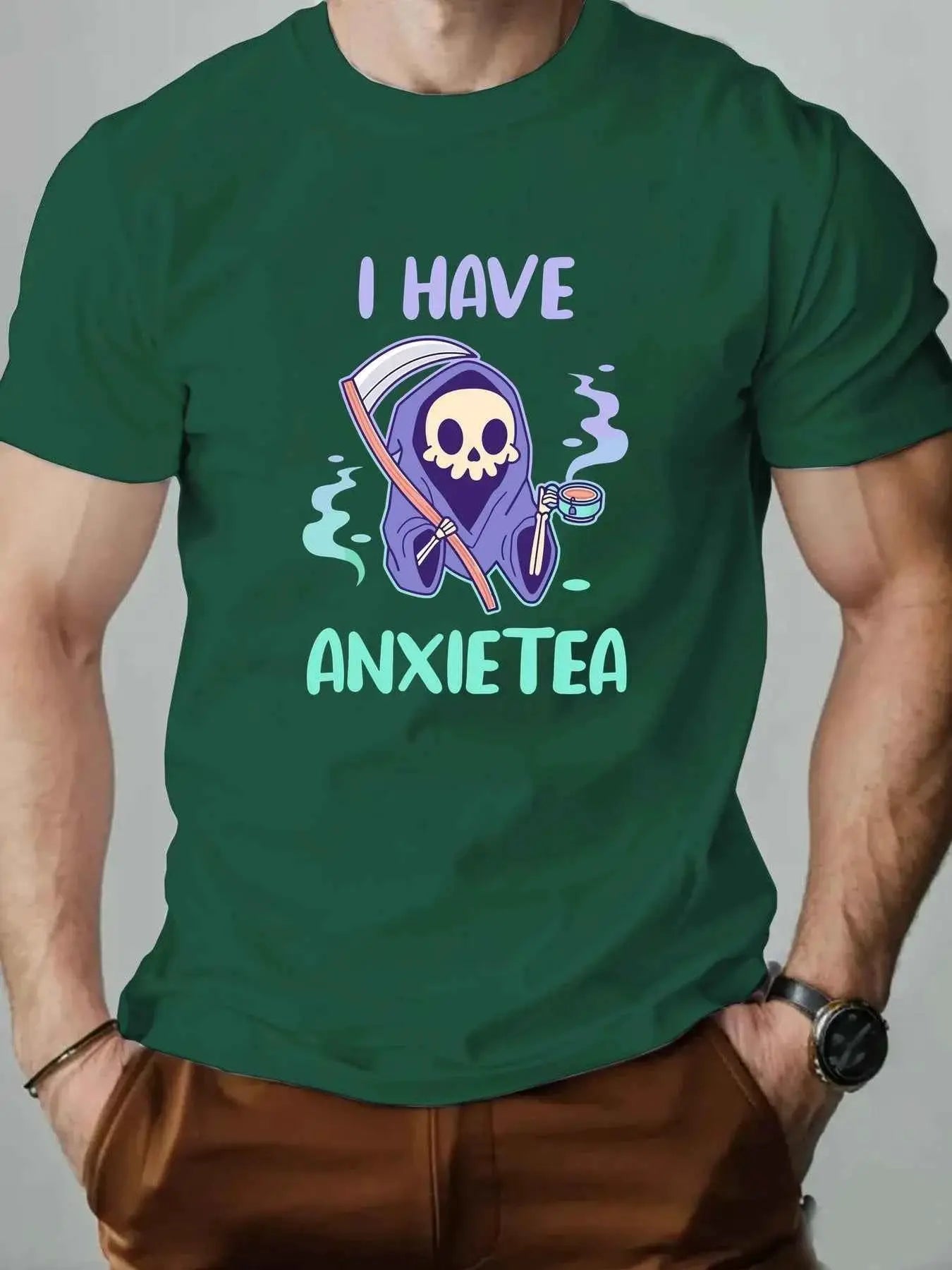 Men 100% Cotton Oversized T Shirt O Neck ANXIETEA Graphic Print Streetwear Casual Loose Fit Summer Tee Top For Daily Wear