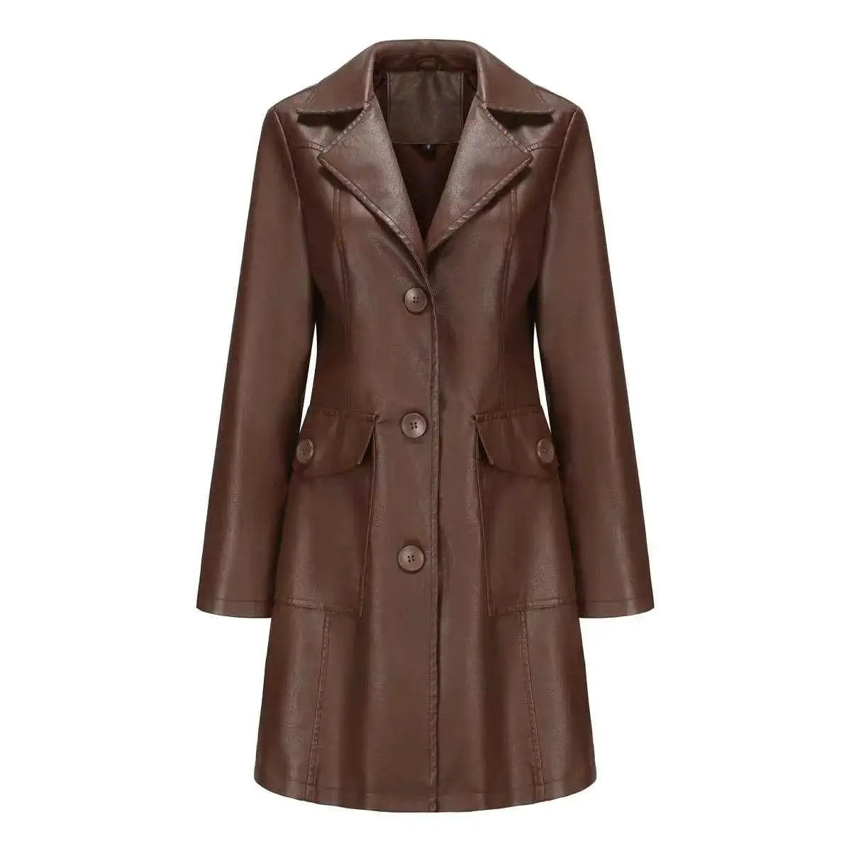 Black Women PU Leather Long Jacket Windbreaker For Spring And Autumn Lapel Single Breasted Long Sleeve