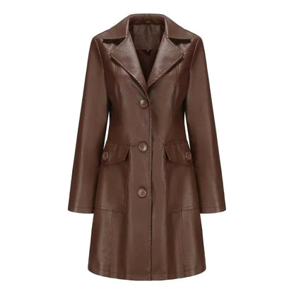 Black Women PU Leather Long Jacket Windbreaker For Spring And Autumn Lapel Single Breasted Long Sleeve