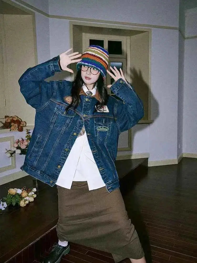 Retro Denim Jacket For Women 2024 Single Breasted Long Sleeve Loose Fit Korean Fashion Turn Down Collar Jean Blue Coat