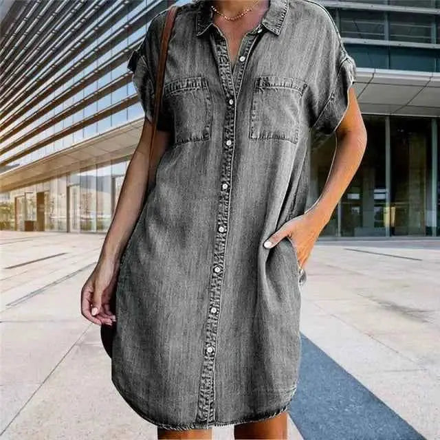 Women Denim Shirt Dress Short Sleeve Distressed Jean Button Down Casual Tunic Top Casual Wear