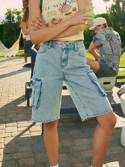 Y2K Loose Denim Cargo Shorts For Women Low Rise Wide Leg Knee Length Oversized Fit Summer Jeans Shorts Streetwear