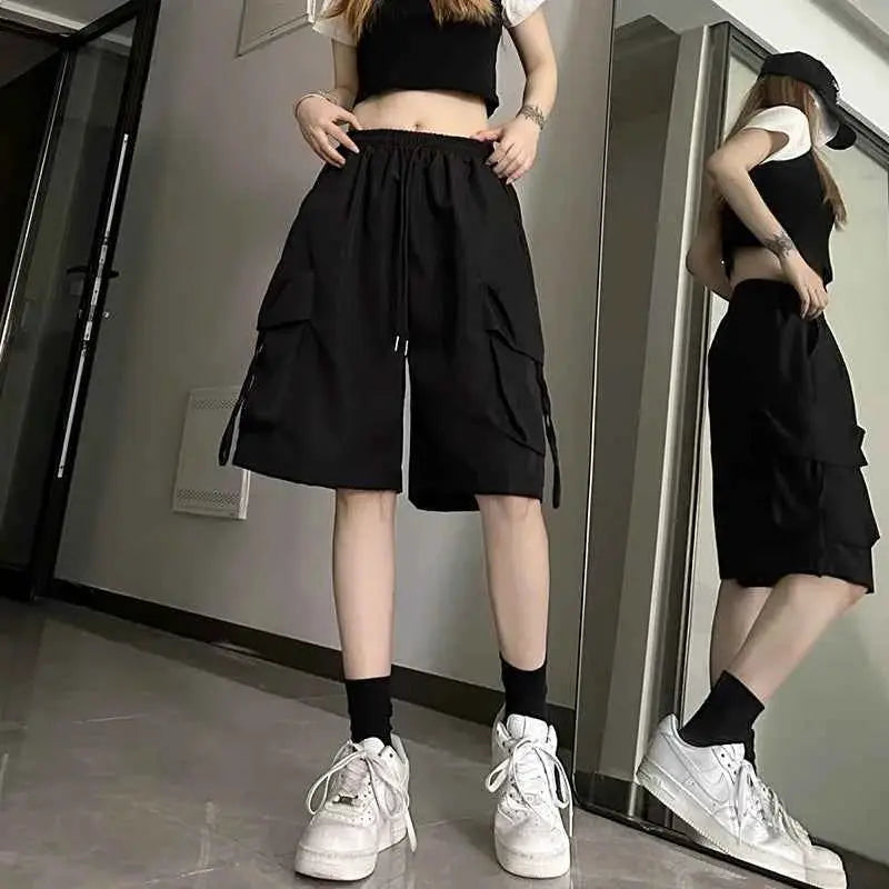 Y2K Cargo Shorts Women Harajuku Black Oversized Wide Leg High Waist Baggy Summer Streetwear New