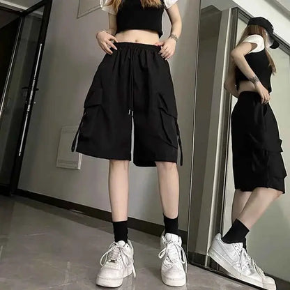 Y2K Cargo Shorts Women Harajuku Black Oversized Wide Leg High Waist Baggy Summer Streetwear New