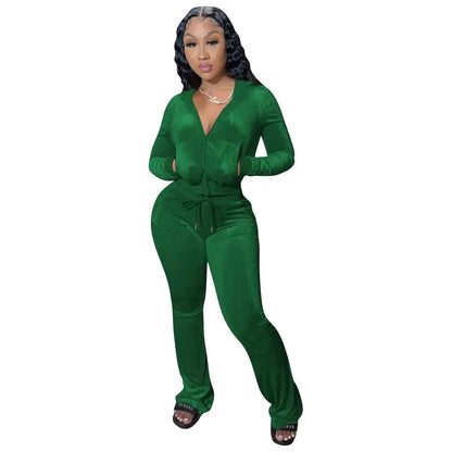 Women Autumn Velour Tracksuit Set Two Piece Zip Up Hooded Jacket Bodycon Flared Pants Jogger Outfit