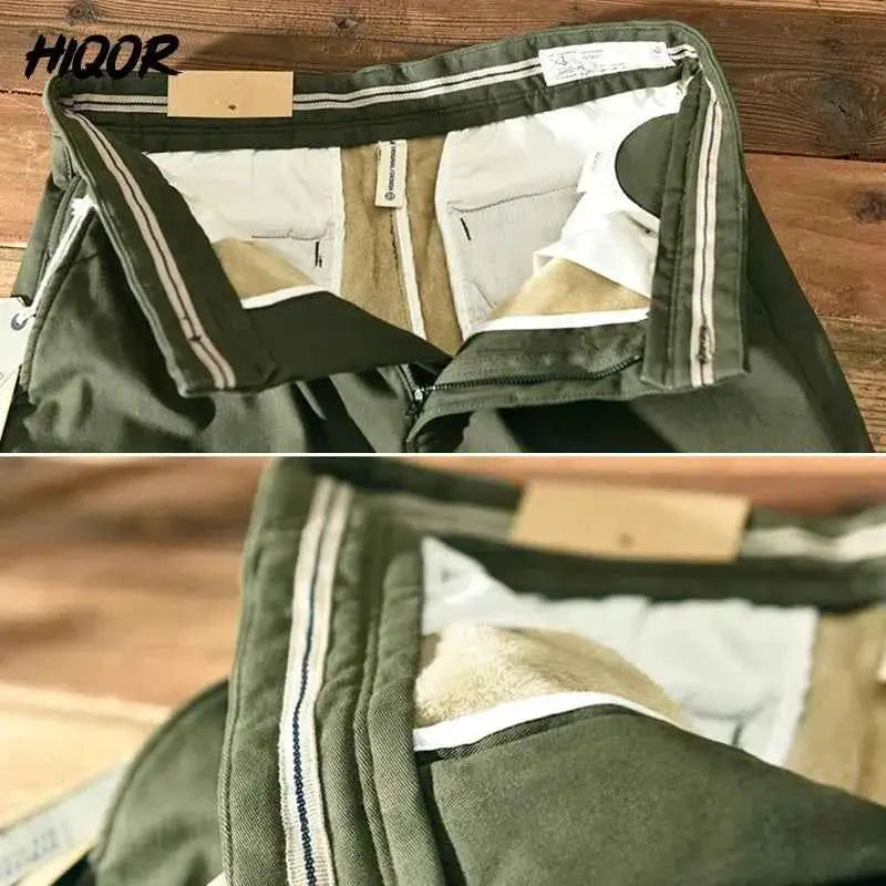 HIQOR Men Cargo Pants Winter 2026 Fleece Warm Khaki Casual Trousers Beading Design Business Pants
