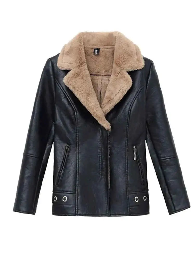 Aelegantmis Autumn Winter Warm Faux Fur Coat For Women Leather Jacket Slim Moto Biker Outerwear Plush Casual