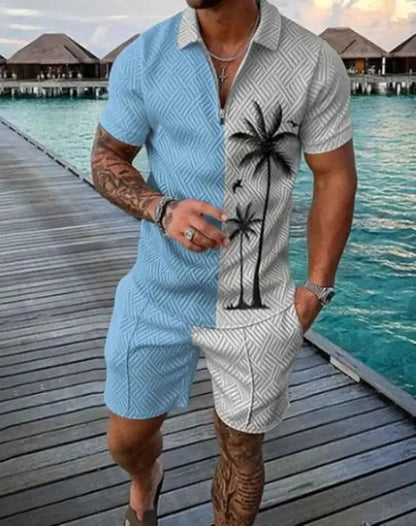Mens Summer Tracksuit Set 3D Printed Casual Short Sleeve T Shirt With Lapel Zip Polo For Jogging