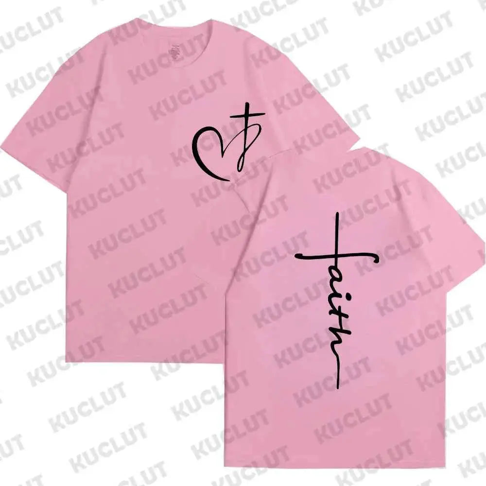 Women's Summer T Shirt Heart Cross Print Faith Jesus Tee Short Sleeve Top Fashion Brand Clothing