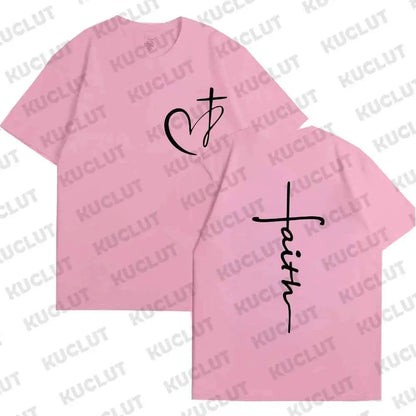 Women's Summer T Shirt Heart Cross Print Faith Jesus Tee Short Sleeve Top Fashion Brand Clothing