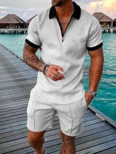Mens Summer Tracksuit Set 3D Printed Casual Short Sleeve T Shirt With Lapel Zip Polo For Jogging