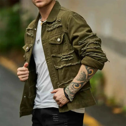 Street Style Men Ripped Splicing Slim Motorcycle Denim Jacket With Patch Casual Solid Jeans Coat