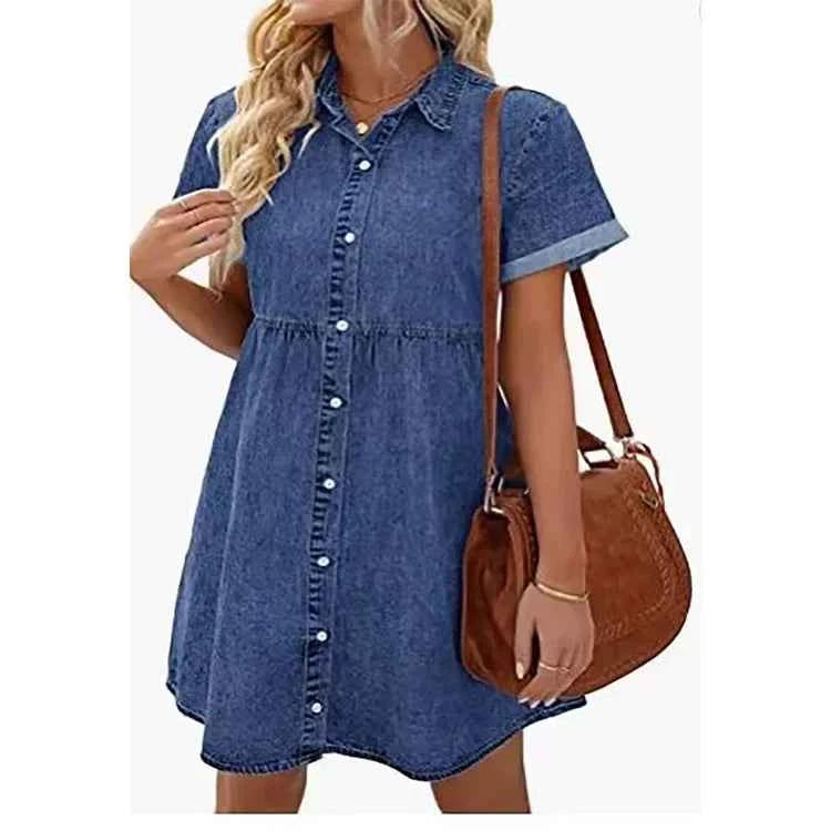 Women Denim Shirt Dress Short Sleeve Turn Down Collar Jean Dress Single Breasted Casual Loose Fit With Ruffled Edge