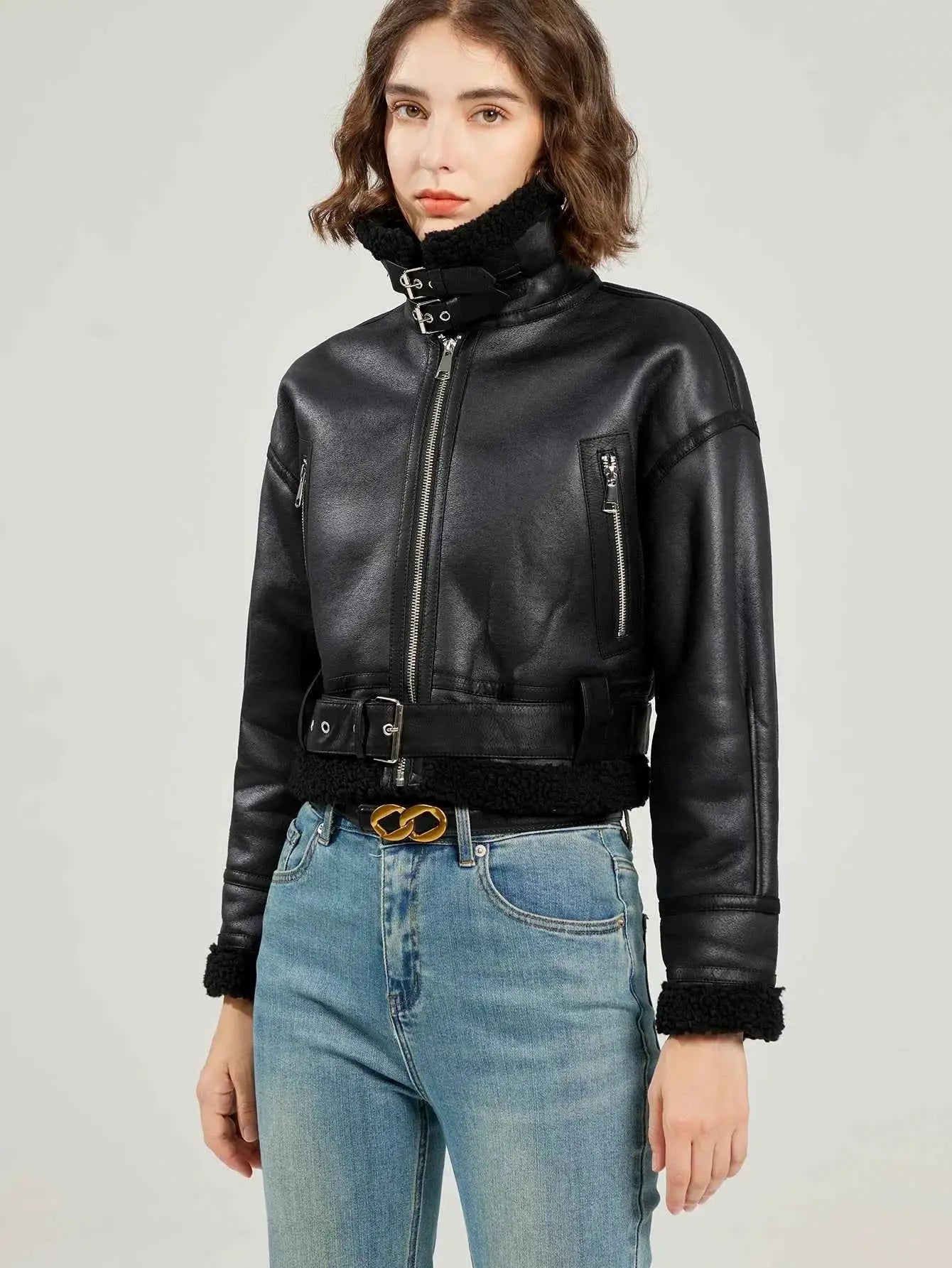 Fitaylor Winter Faux Lambswool Leather Jacket For Women High Street Motorcycle Outerwear Casual Short Coat