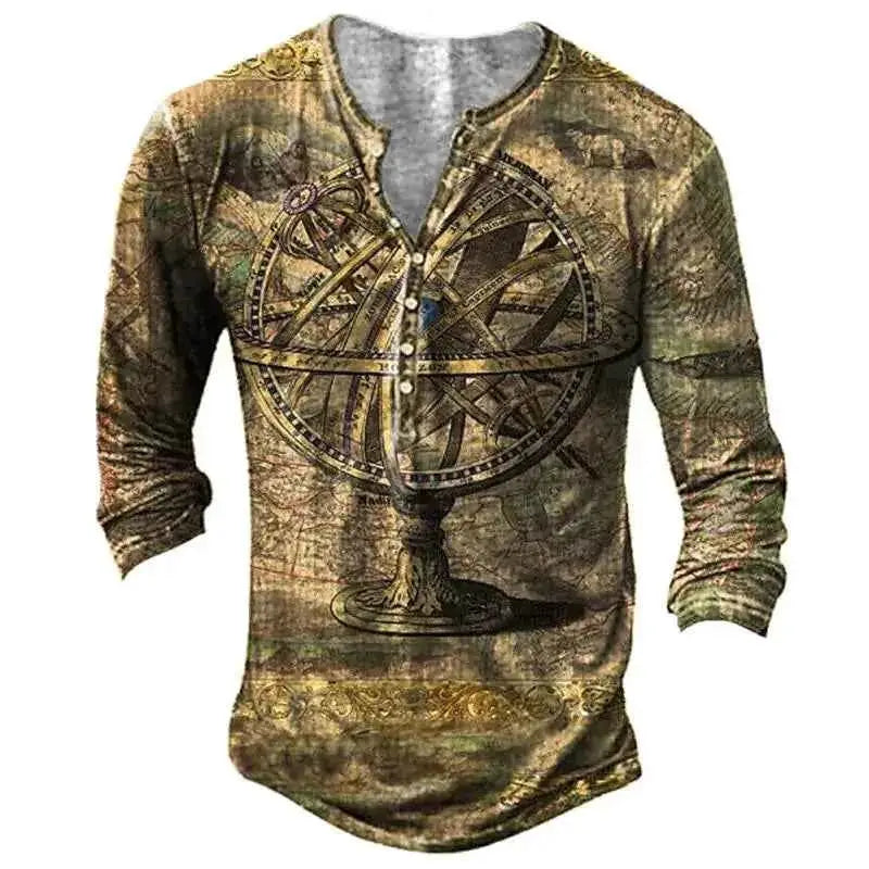 Vintage Men's Compass Graphic Long Sleeve Tee Oversized Streetwear 3D Print For Men