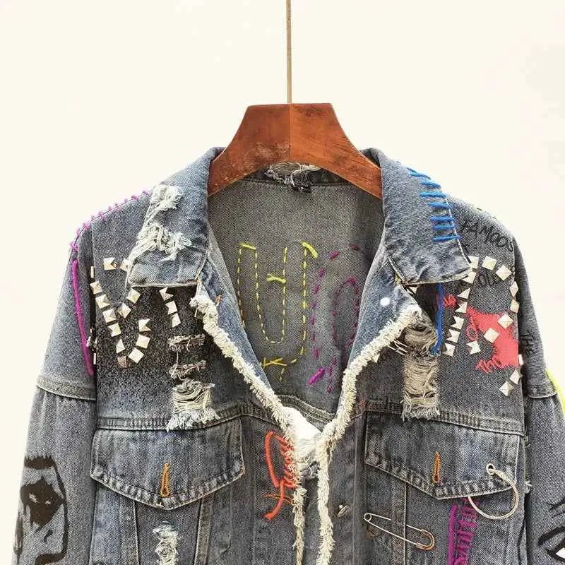 2026 Spring Autumn Women Graffiti Denim Jacket Frayed Raw Cut Rivet Fringe Jean Coat Outwear