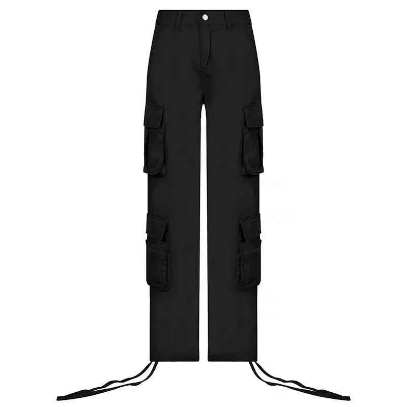 Women Denim Cargo Jeans With Button Pockets Straight Leg Y2K Mid Waist Casual Streetwear Trousers