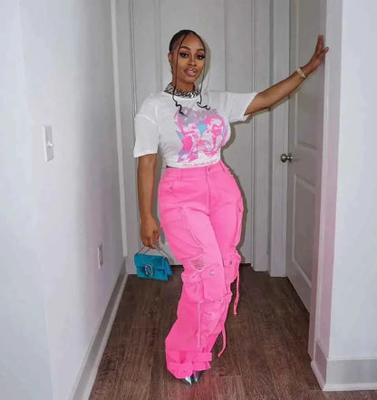 Women Denim Straight Pants High Waist Cargo Jeans Streetwear Casual Trousers Multi Pocket